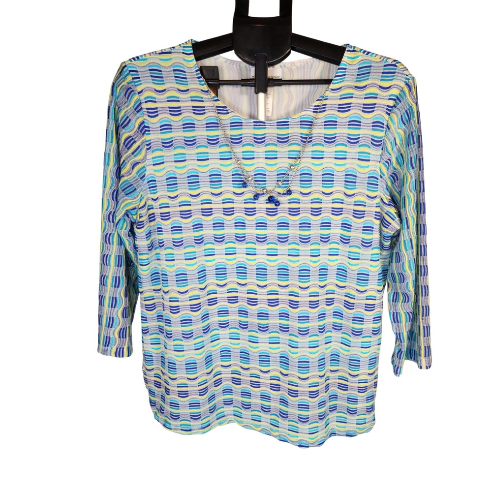 Alfred Dunner Womens Blue Green Geometric 3/4 Sleeve Top with Necklace‎ Size M